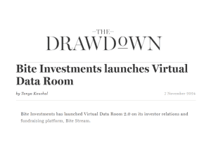 Image showing media coverage of Bite Investments' VDR launch in The Drawdown publication. The header of the article says "Bite Investments launches Virtual Data Room" and the first line reads "Bite Investments has launched Virtual Data Room 2.0. on its investor relations and fundraising platform, Bite Stream.